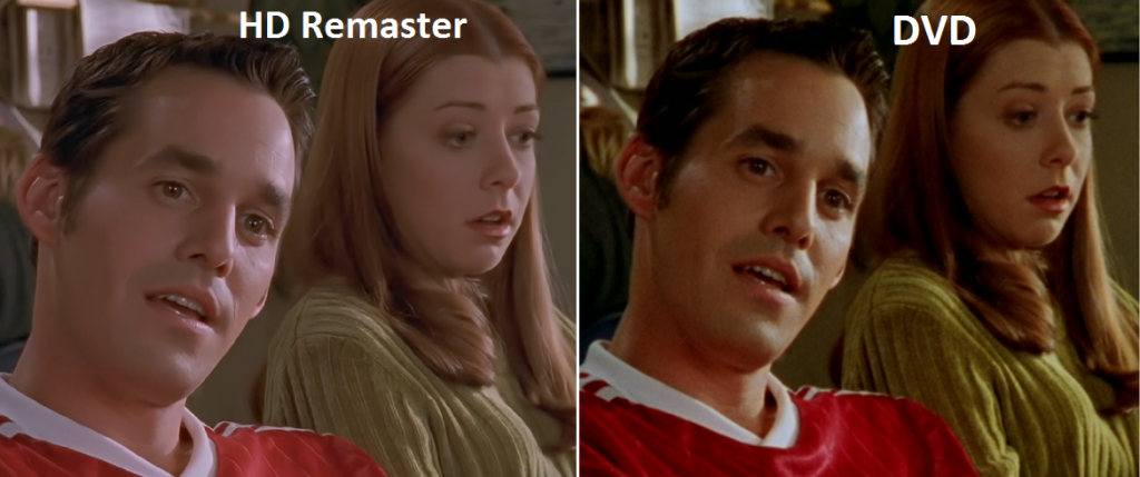 A comparison of shots from the Buffy HD remaster and the original DVDs, showing Xander's too-smooth skin